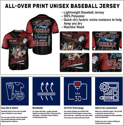 Suseaz Personalized Barber Shop Baseball Jersey Custom Name Shirt 3D for Men Women Scissors Pole Shirts Hairdresser Shop Gift