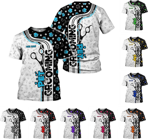 MoonArt Personalized Dog Grooming 3D T-Shirt Custom Spa, Cute Pet Grooming Summer Uniform Tee Shirt for Women