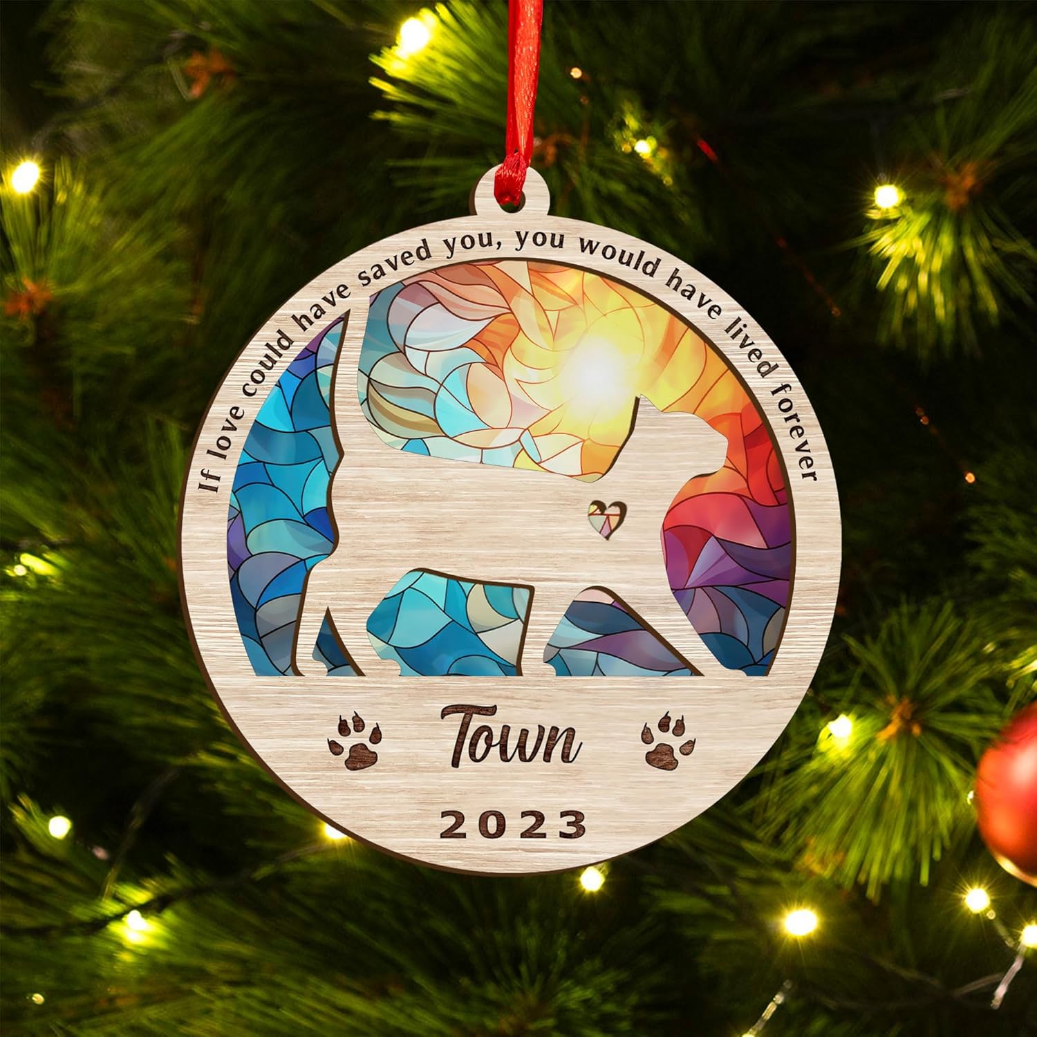 Mostprints Personalized Wooden Dog Cat Paw Ornament Christmas, Custom Dogs Cat Suncatcher Pet Name 2 Layers Ornaments, Customized Memorial Dog Ornament for Christmas Tree (Suncatcher 1)