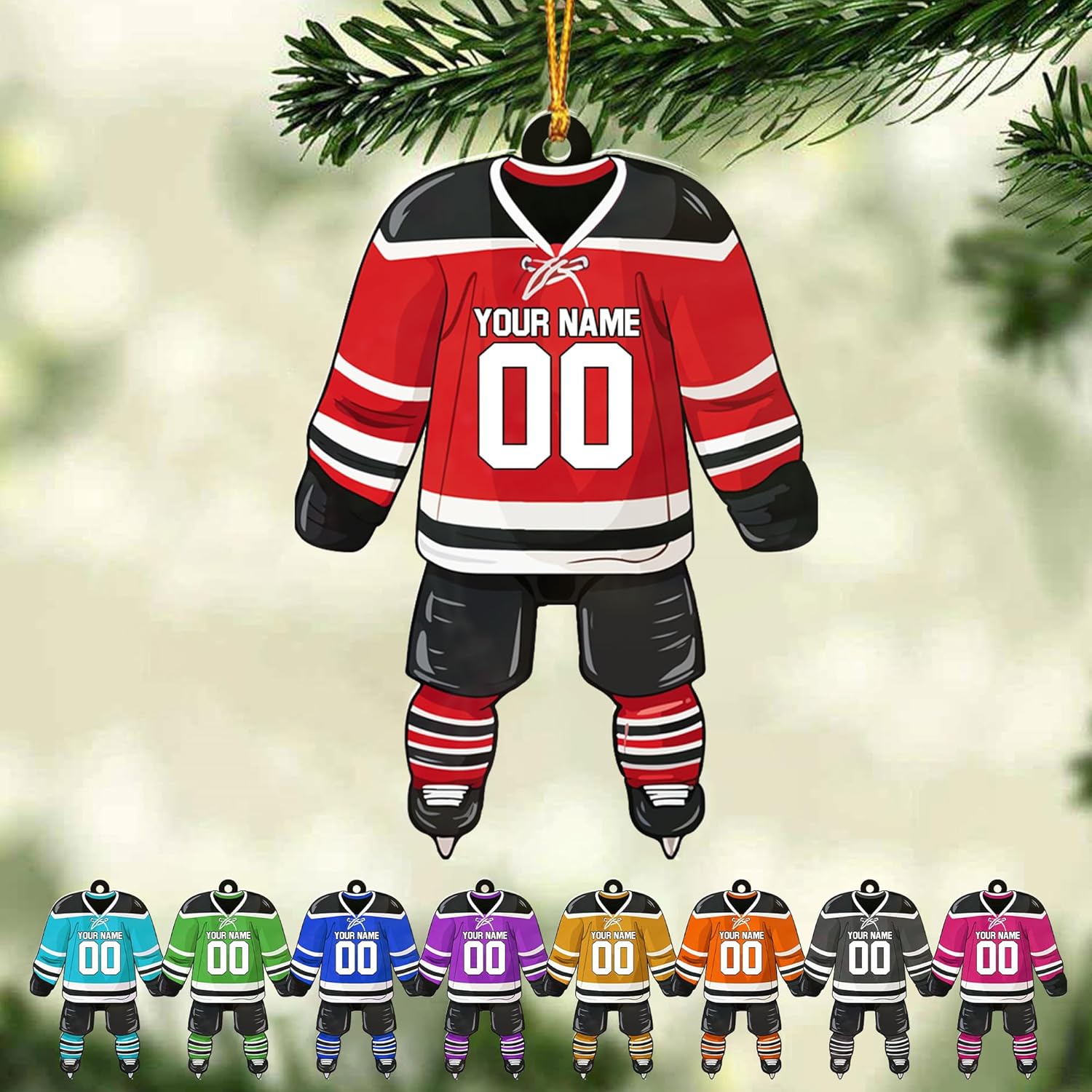 AOVL Personalized Hockey Christmas Ornament, Hockey Skates Helmet and Stick, Hockey Player Ornament, Hockey Ornament, Hockey Flat Ornament, Gift for Hockey Lovers Christmas Tree Decor (Hockey 12)