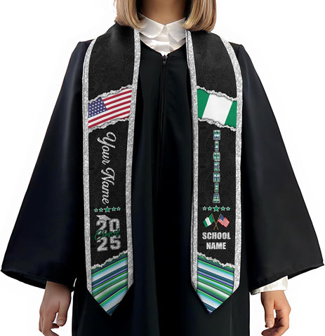 Pretyprints Custom Nigerian Graduation Sash, Nigeria Graduation Stole Customize, Nigerian American Flag Graduation Sash 2025