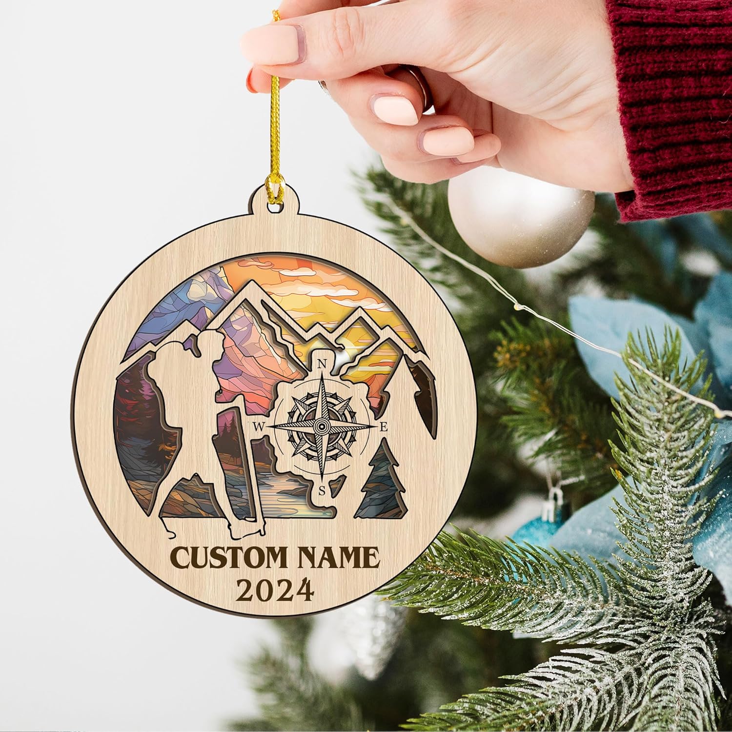 MAPrints Personalized Mountain Hiking Ornament, Hiker Ornament, Suncatcher Wood Sport Christmas Ornament, Gifts for Hiking Lovers Hiking Backpack, Hanging Ornament for Christmas 2024 (Hiki 6)