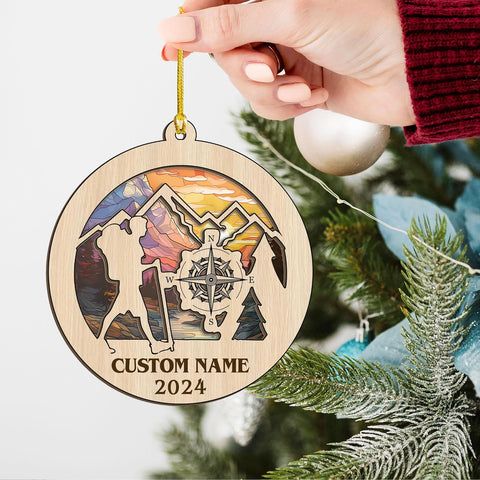 MAPrints Personalized Mountain Hiking Ornament, Hiker Ornament, Suncatcher Wood Sport Christmas Ornament, Gifts for Hiking Lovers Hiking Backpack, Hanging Ornament for Christmas 2024 (Hiki 6)