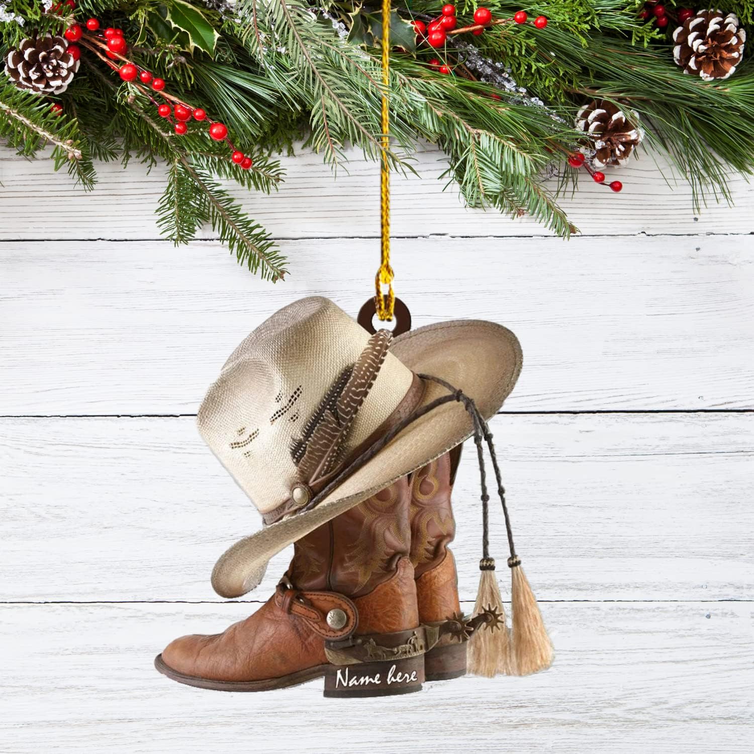 Suseaz Personalized Cowboy Boots and Hat Christmas Ornament for Cowboy, Cowboy Cowgirl Horseback Riding Ornament, Horse Racing Ornament (Cowboy Boots)