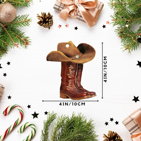 Podagree Personalized Cowboy Boots and Hat Christmas Ornament for Cowboy, Cowboy Cowgirl Horseback Riding Ornament, Horse Racing Ornament (CB6)