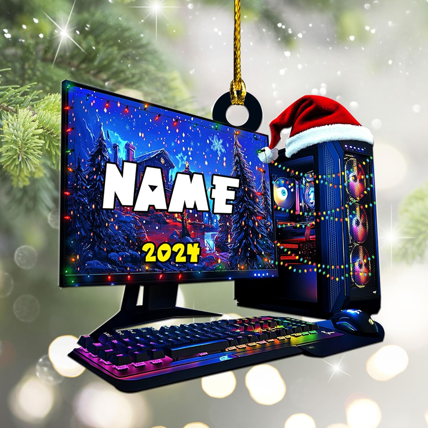 Podagree Personalized Name PC Computer Ornament Christmas, Shape Flat Christmas Ornament for Gamer, Gaming Gamer Christmas Ornament Gift for Boys, PC Game Player Decoration with Custom Name (CP1)