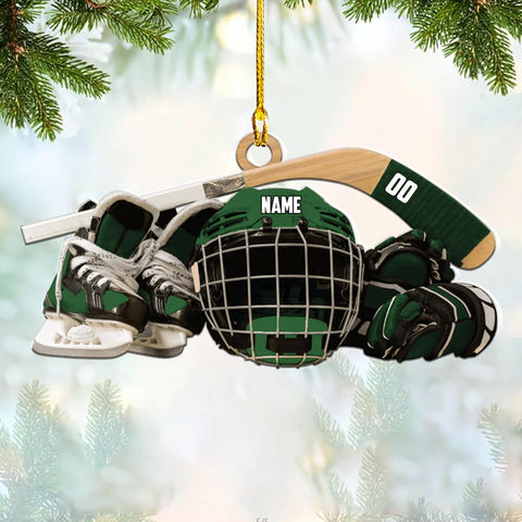 AOVL Personalized Hockey Christmas Ornament, Hockey Skates Helmet and Stick, Hockey Player Ornament, Hockey Ornament, Hockey Flat Ornament, Gift for Hockey Lovers Christmas Tree Decor (HK3)