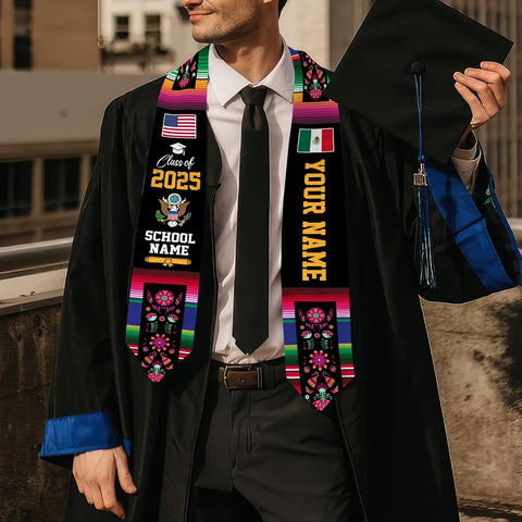 Custom Mexican Graduation Sash, Mexico Graduation Stole Customize Photo, Mexican American Flag Graduation Sash 2025