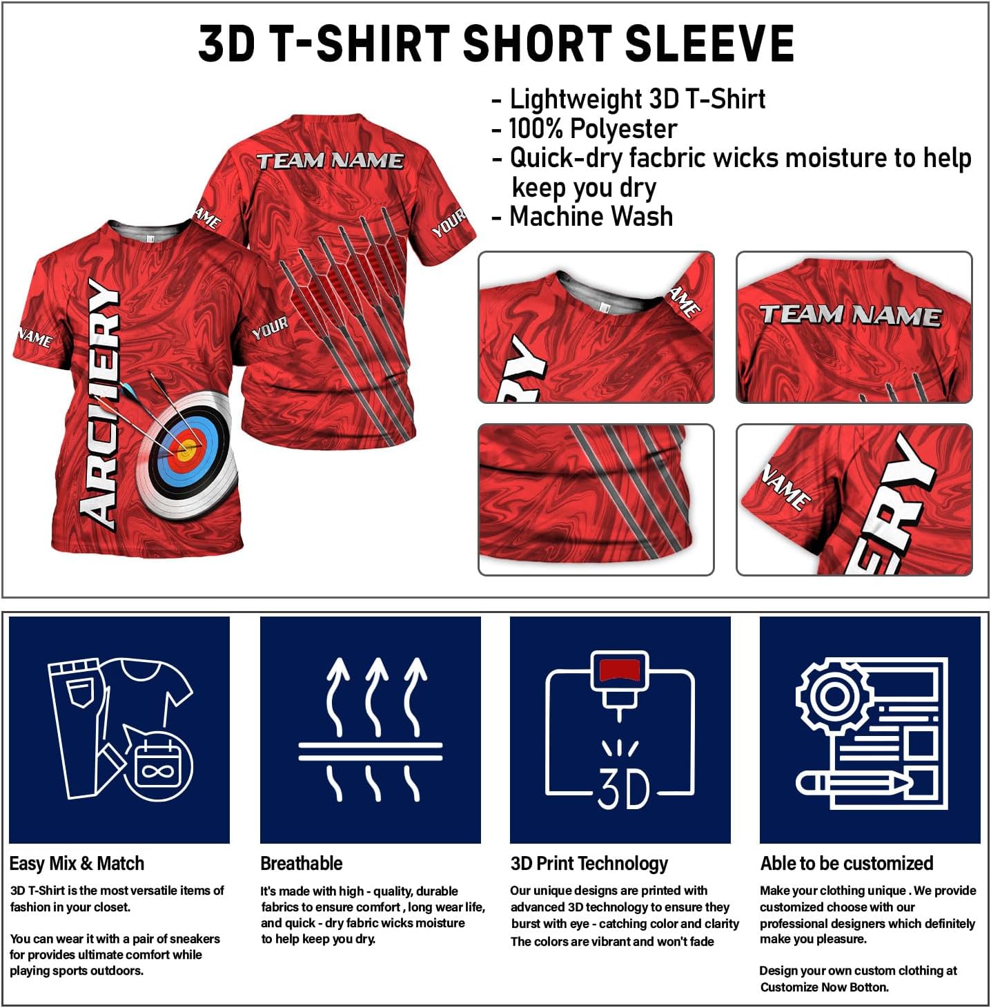 MoonArt Personalized Archery Shirt 3D Archery Target Archery Shirts for Men Women Archer Archery Lovers Bow Archer Sportwear