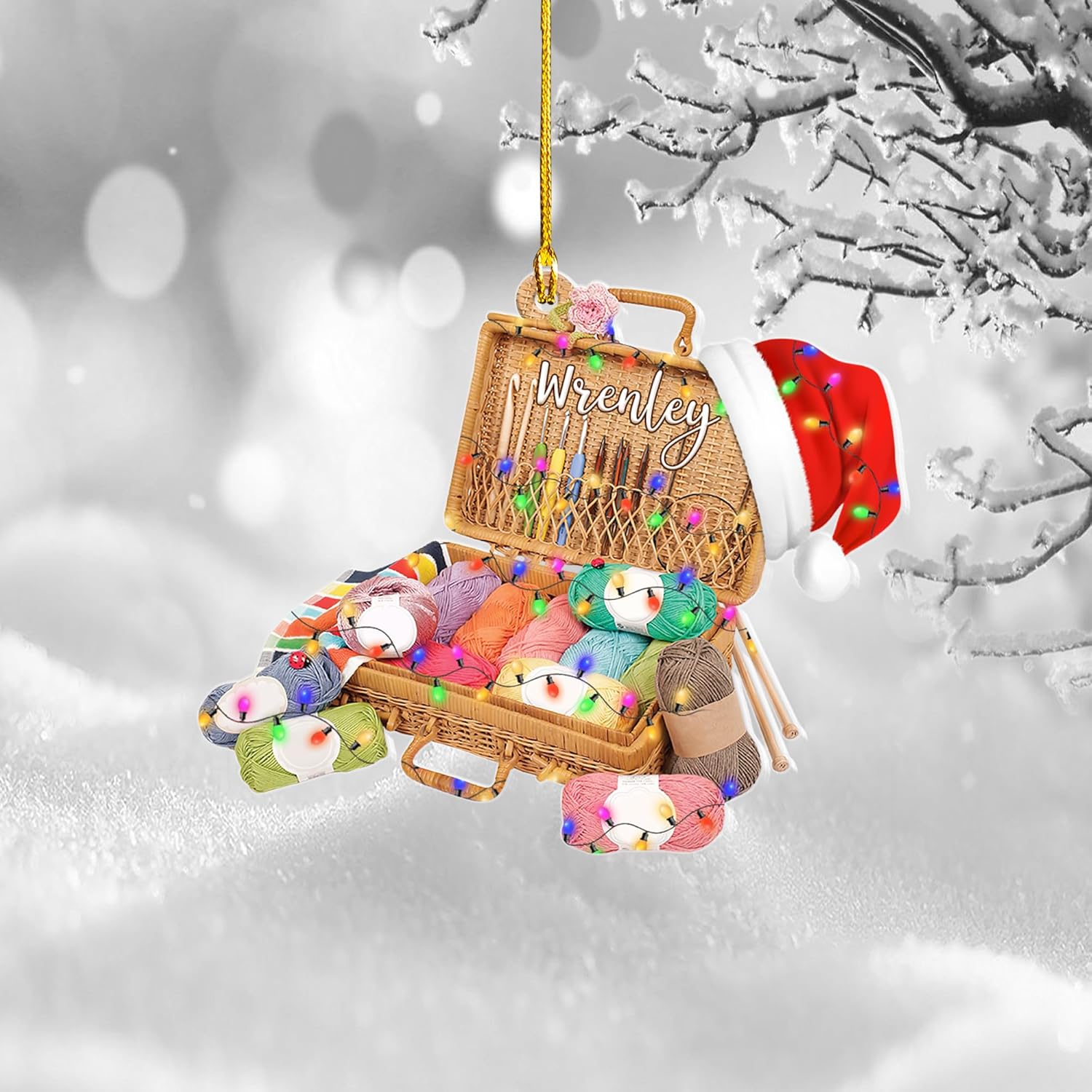 Pretyprints Personalized Knitting Yarns Ornament Christmas, Wool Bakset Knitting Accessories with String Lights Christmas Tree Ornament, Knitting Customized Christmas Ornament (Style 3)