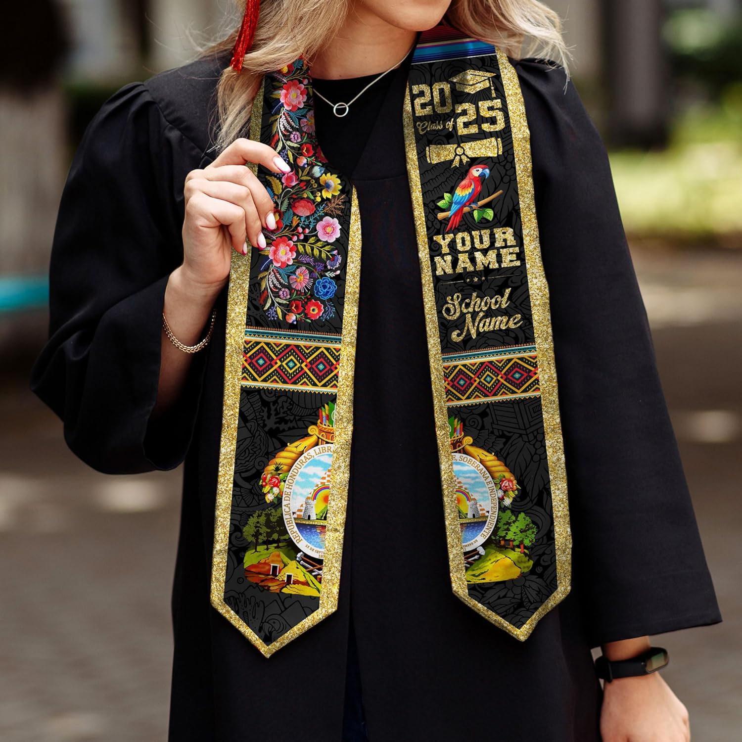 Pretyprints Honduran Graduation Sash, Custom Honduran American Flag Graduation Sash 2025, Honduras Graduation Stole