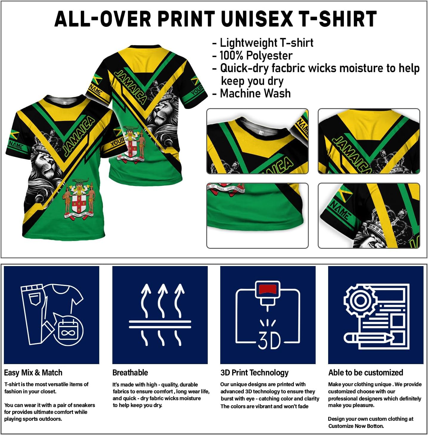 Ligthuy Personalized Jamaica Shirt 3D, Custom Jamaica Flag Lion Shirt for Men and Women, Jamaican Pride T-Shirt Unisex