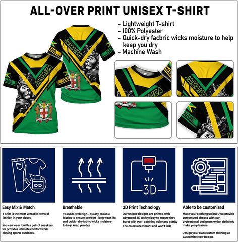 Ligthuy Personalized Jamaica Shirt 3D, Custom Jamaica Flag Lion Shirt for Men and Women, Jamaican Pride T-Shirt Unisex