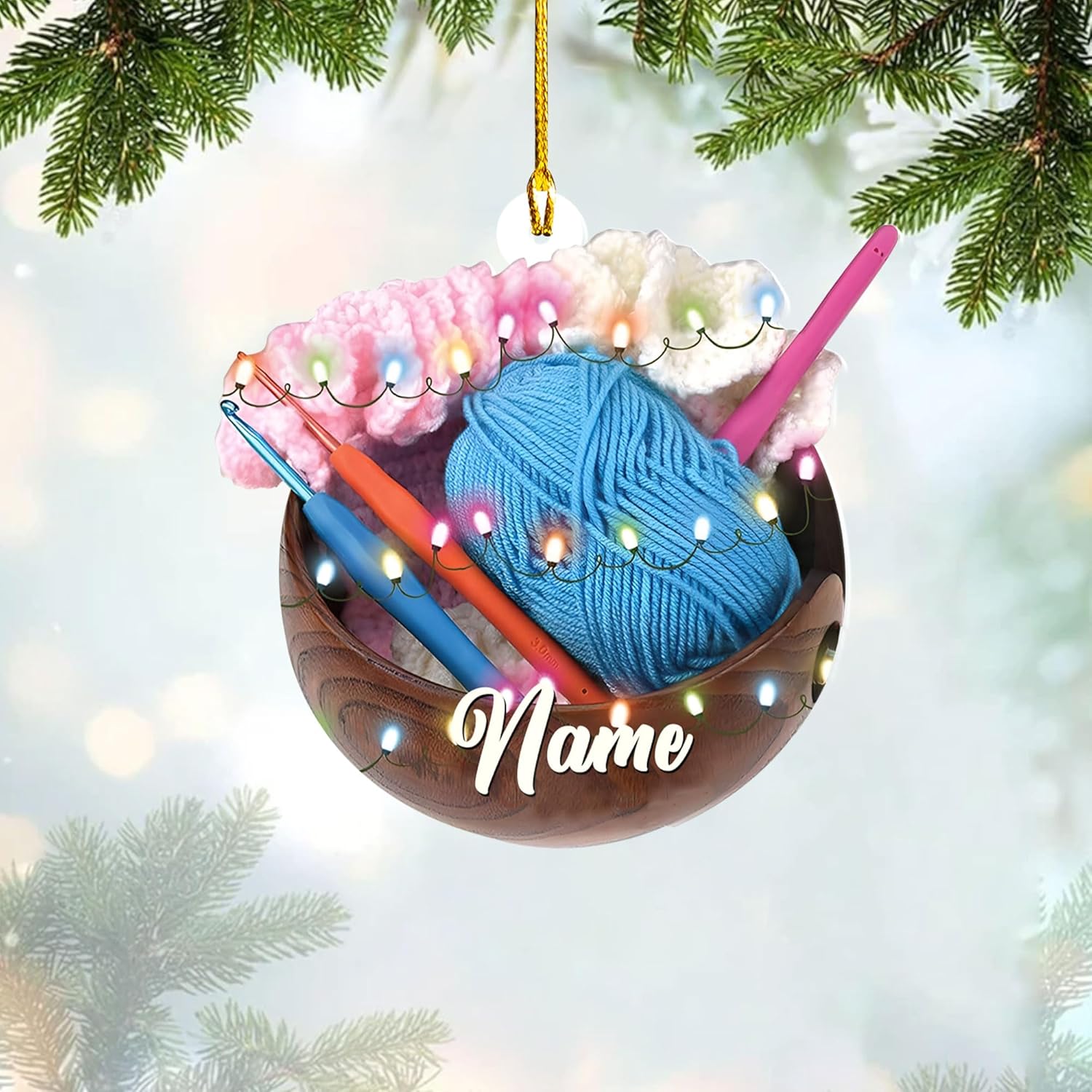 Personalized Knitting Yarns Ornament Christmas, Wool Bakset Knitting Accessories with String Lights Christmas Tree Ornament, Knitting Customized Christmas Ornament String Lights Christmas (KN12)