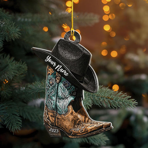 Royalbro Personalized Cowboy Christmas Ornaments, Cowboy Boots and Hat Ornament for Cowboy, Saddle Ornament, Cowboy Cowgirl Horseback Riding Ornament Tree Hanging Ornament (CB 8)