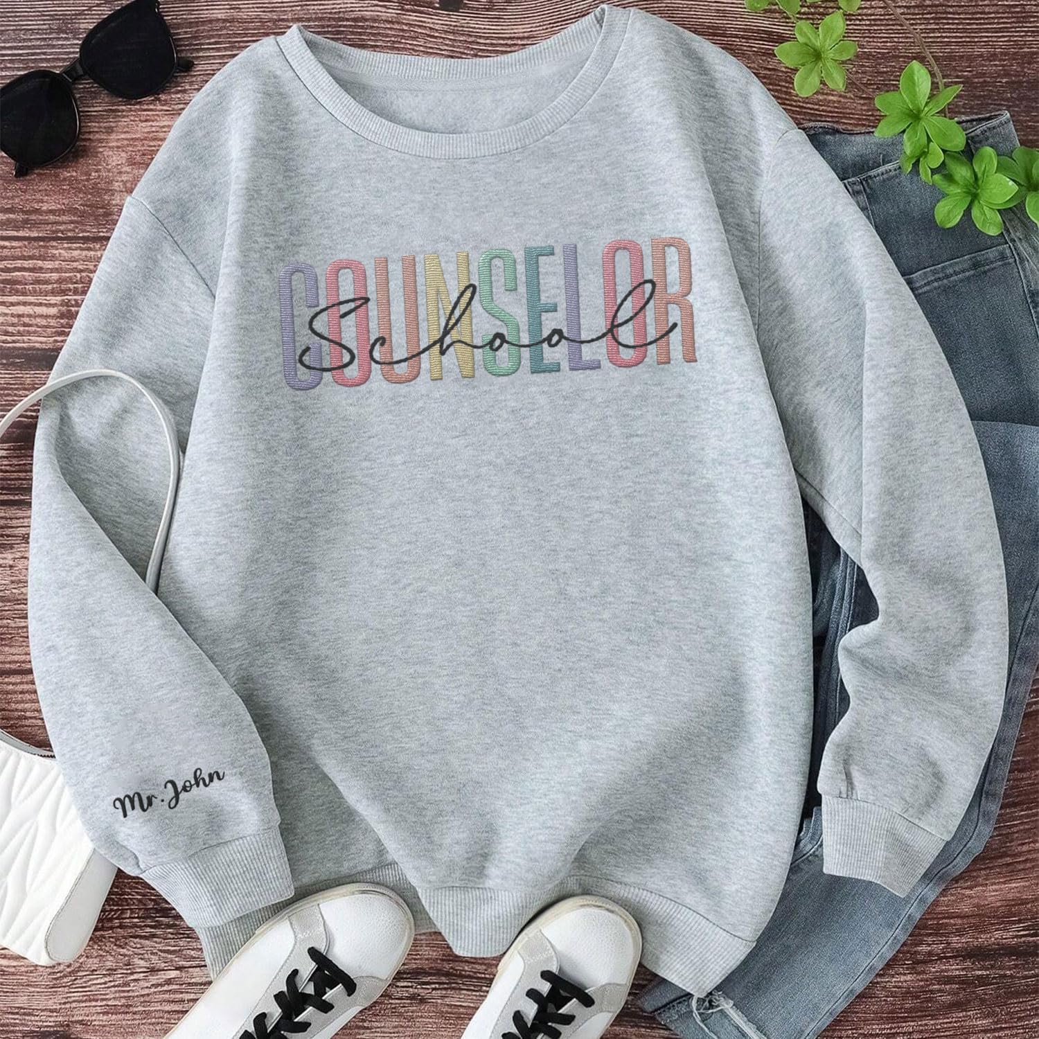 Custom Counselor Embroidered Sweatshirt Retro First Day of School Gift Her Historical Black Casual Long Sleeve Pullover Women
