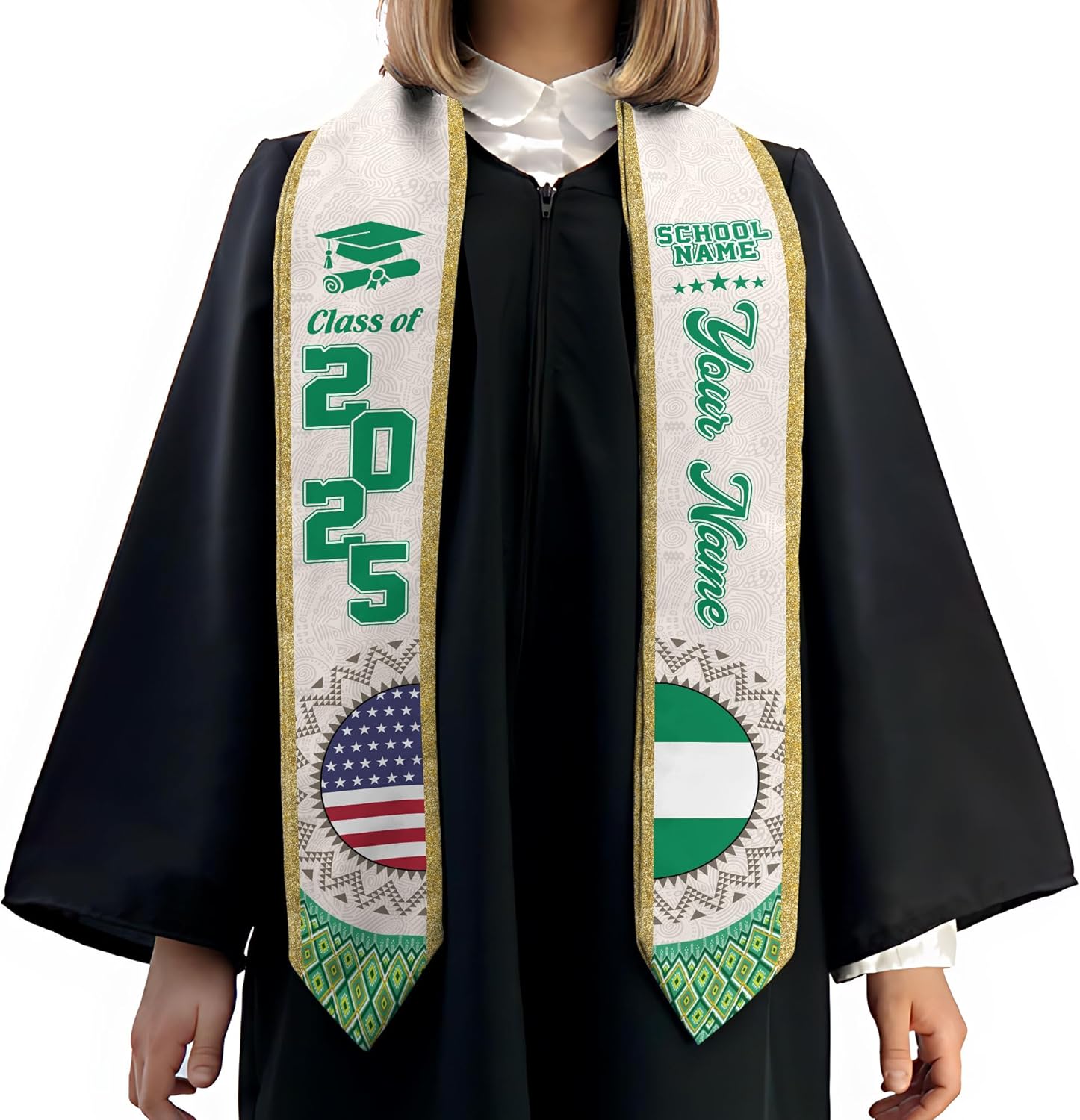 Pretyprints Custom Nigerian Graduation Sash, Nigeria Graduation Stole Customize, Nigerian American Flag Graduation Sash 2025