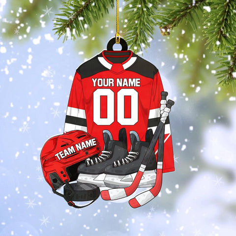 AOVL Personalized Hockey Christmas Ornament, Hockey Skates Helmet and Stick, Hockey Player Ornament, Hockey Ornament, Hockey Flat Ornament, Gift for Hockey Lovers Christmas Tree Decor (Hockey 13)