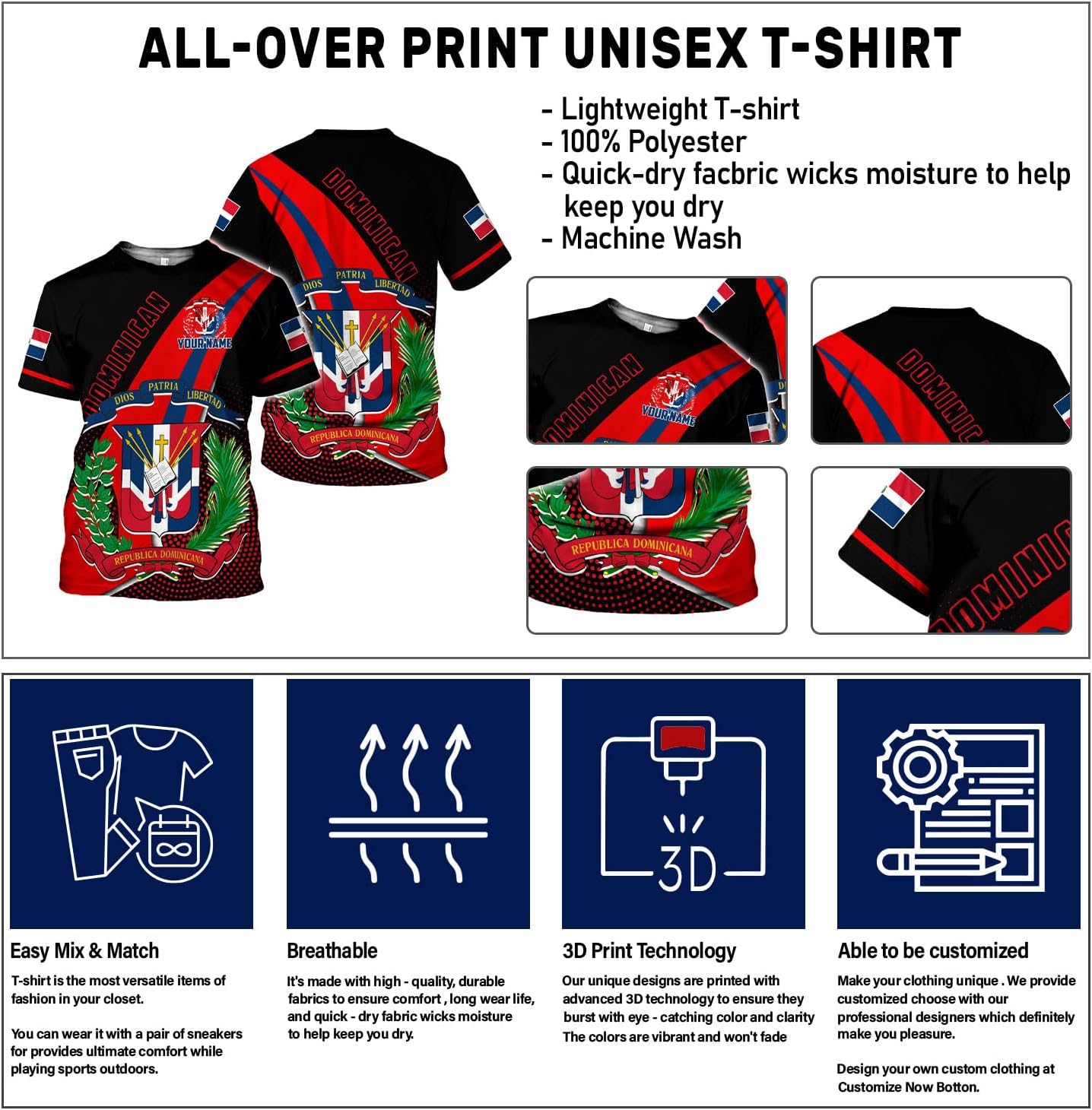Ligthuy Personalized Dominican Shirt 3D, Dominican Republic Shirts, Dominican Flag Unisex Republica Dominicana Shirt S-5XL