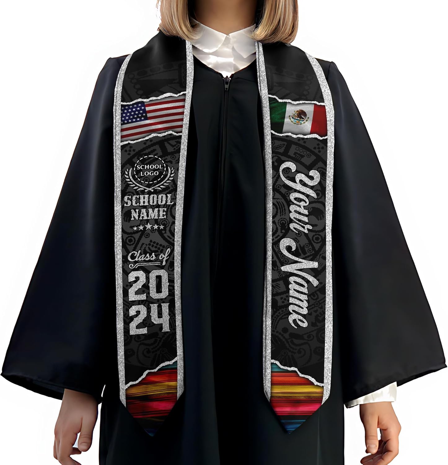 Custom Mexican Graduation Sash, Mexico Graduation Stole Customize Photo, Mexican American Flag Graduation Sash 2025