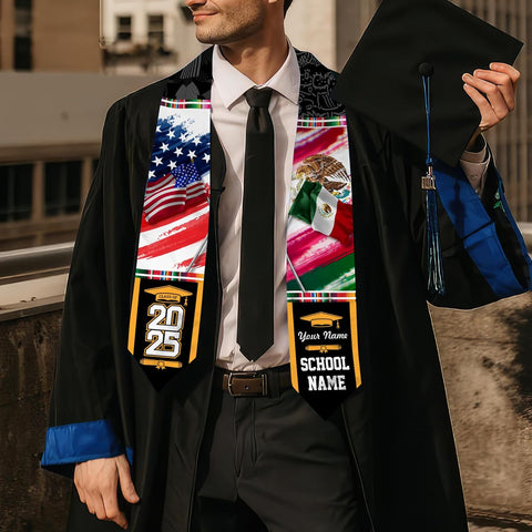Custom Mexican Graduation Sash, Mexico Graduation Stole Customize Photo, Mexican American Flag Graduation Sash 2025