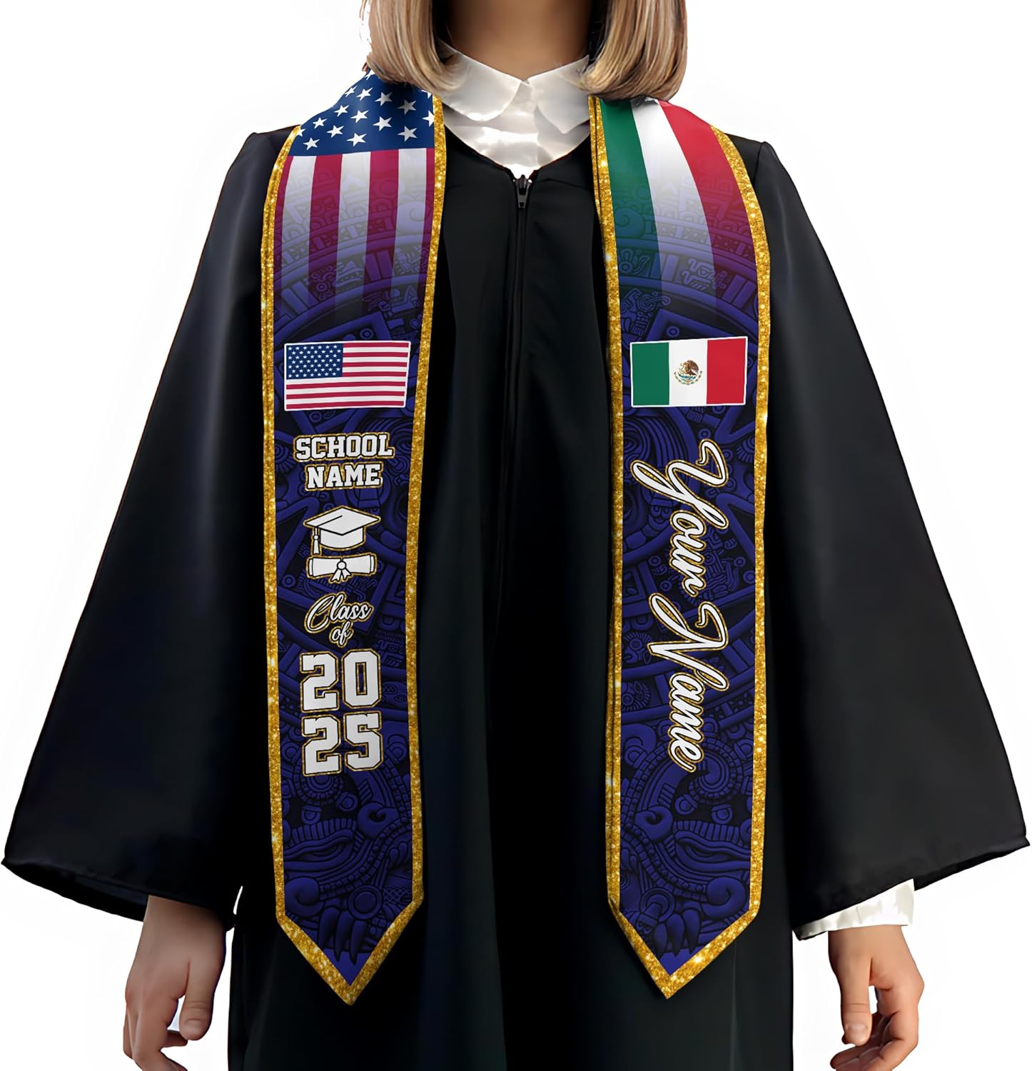 Custom Mexican Graduation Sash, Mexico Graduation Stole Customize Photo, Mexican American Flag Graduation Sash 2025
