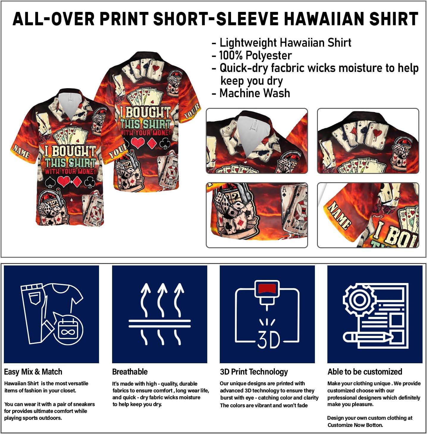 Custom Poker Hawai Shirts for Men Poker Hawaiian Shirt Gambling Casino Fire Short Sleeve Button Down Shirt Summer Beach Shirt