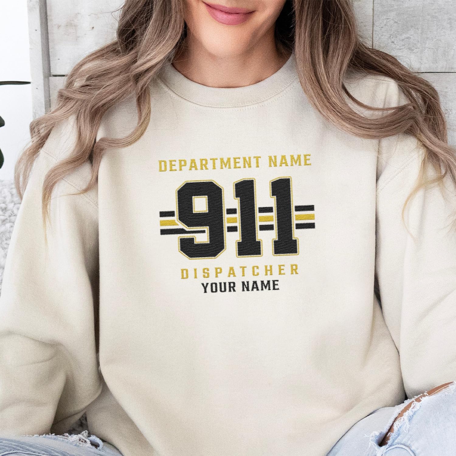 Personalized 911 Dispatcher Apparel, Thin Gold Line Embroidered Sweatshirt, Emergency 911 Hoodie Gift Dispatch Nurse Shirt