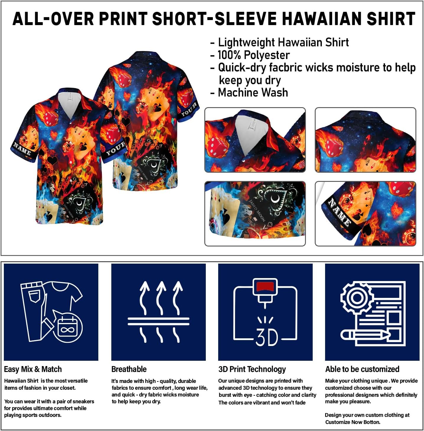 Custom Poker Hawai Shirts for Men Poker Hawaiian Shirt Gambling Casino Fire Short Sleeve Button Down Shirt Summer Beach Shirt