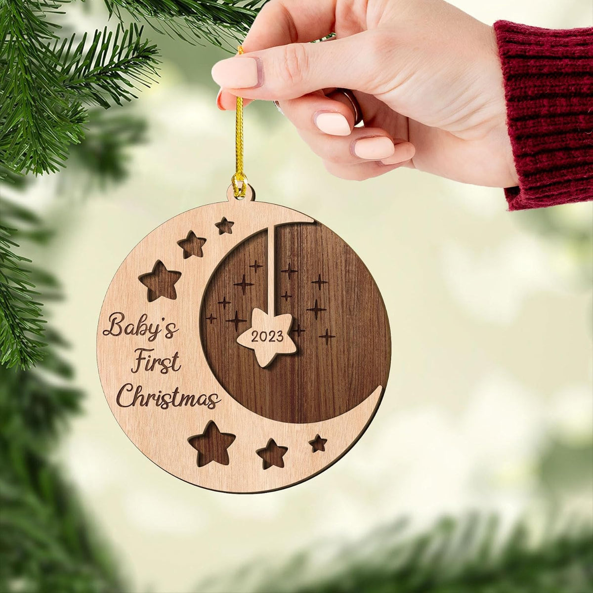 MAPrints Personalized Baby\u2019s First Christmas Keepsake Layered Wood Ornament, Custom New Baby Gifts, Babys 1st Christmas Ornament 2023 Boy Or Girl Newborn, for New Mom Dad (BB 3)