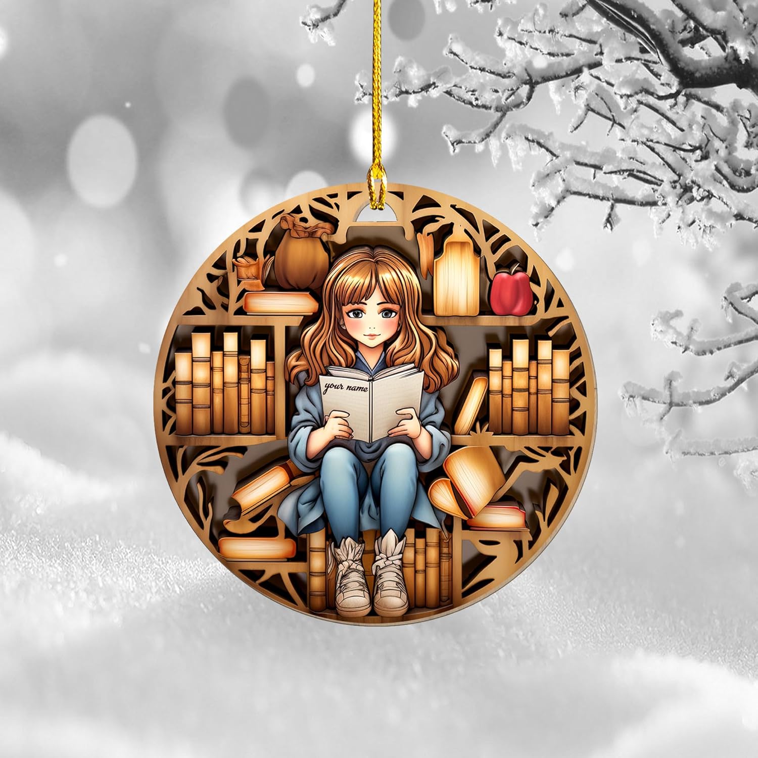 Personalized Book Lovers Heart Ornament, Reading Book Xmas Printd Wood Ornament 2024, Bookshelf Ornament Gift for Her Librarian 2D Flat Printed Wood Book Lovers Ornament (Book 7)