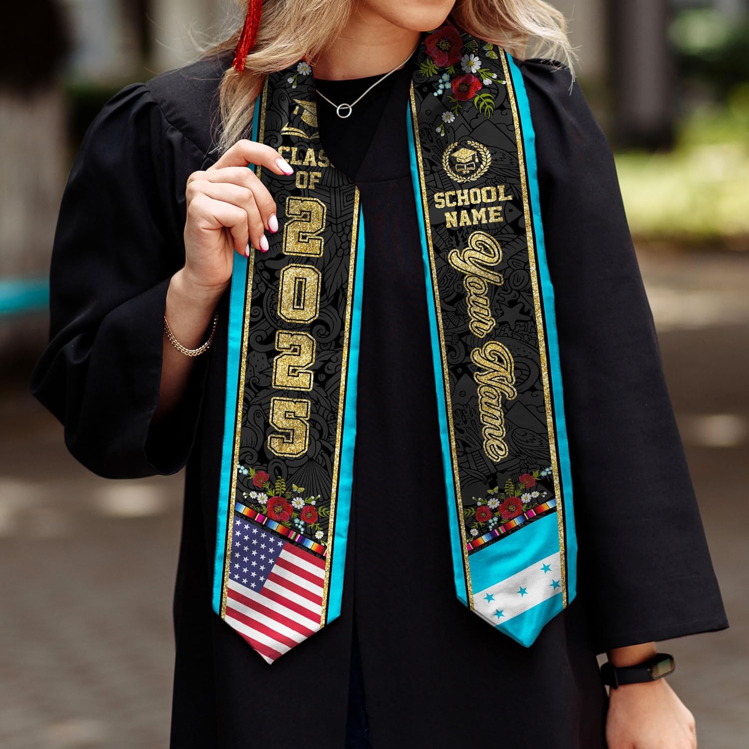 Pretyprints Honduran Graduation Sash, Custom Honduran American Flag Graduation Sash 2025, Honduras Graduation Stole