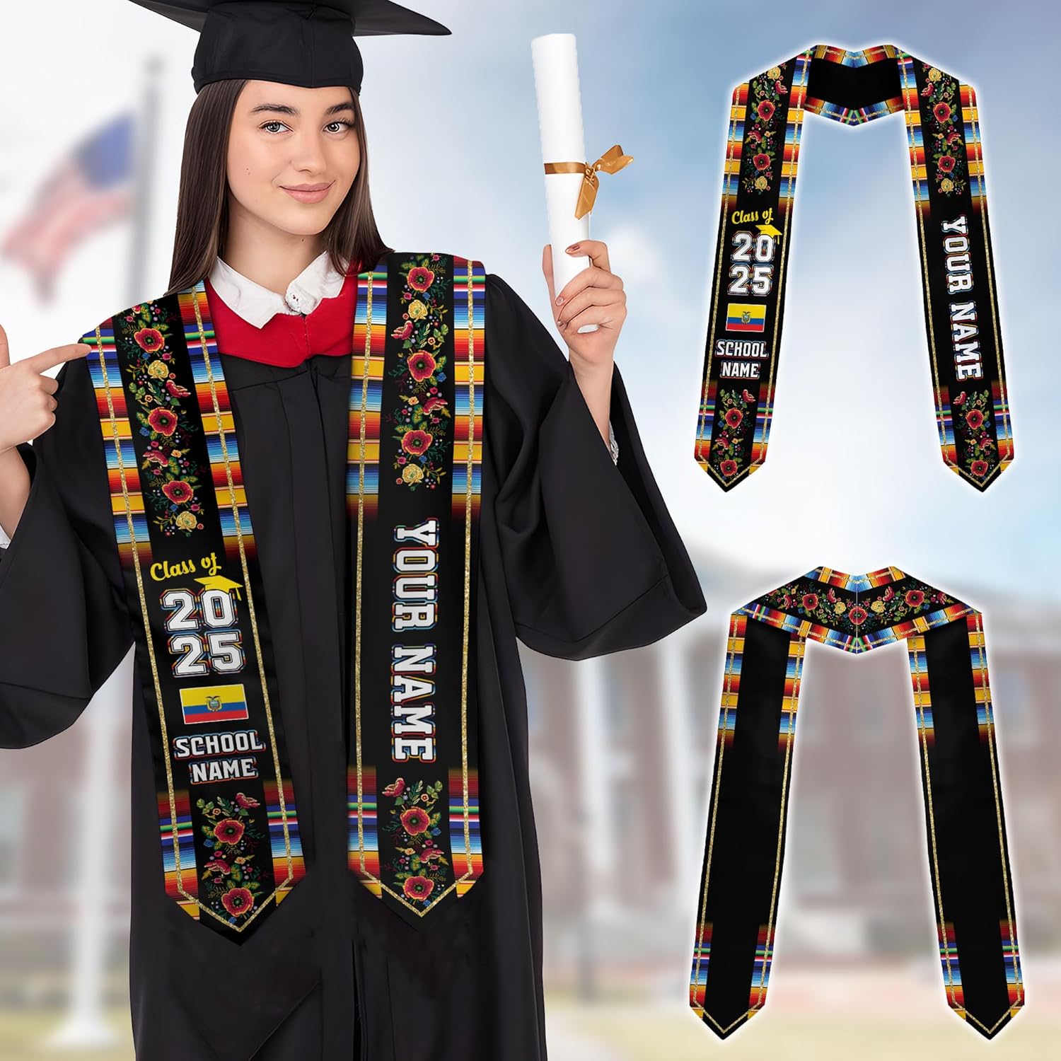 Pretyprints Ecuador Graduation Stole, Ecuadorians American Flag Graduation Sash 2025, Ecuadorians Graduation Sash