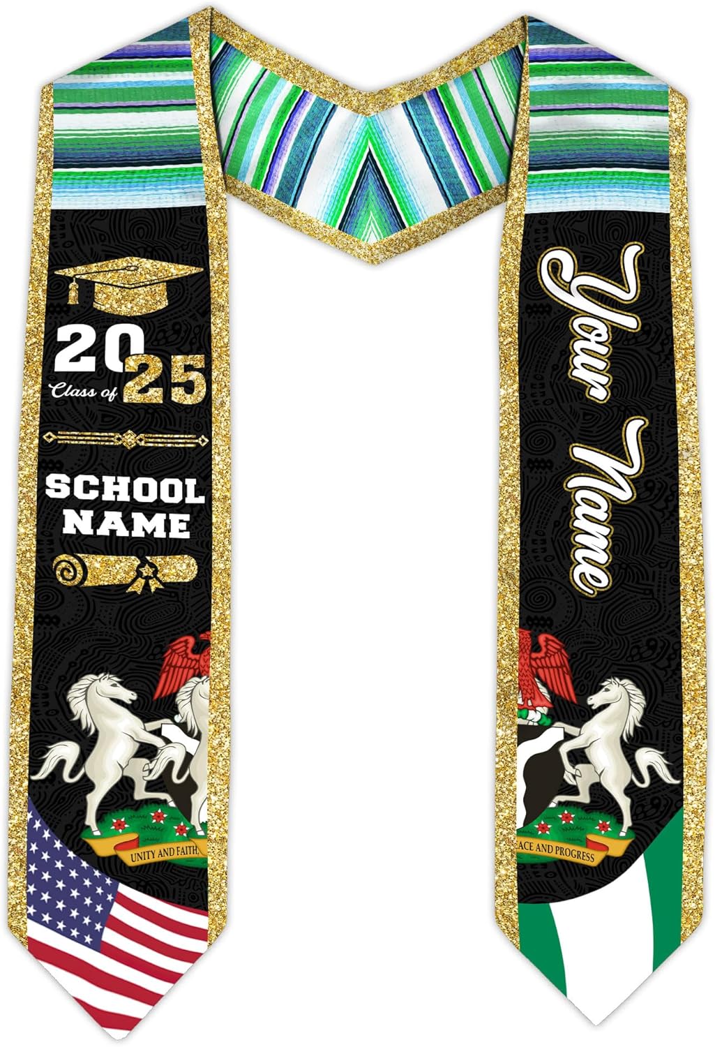 Pretyprints Custom Nigerian Graduation Sash, Nigeria Graduation Stole Customize, Nigerian American Flag Graduation Sash 2025