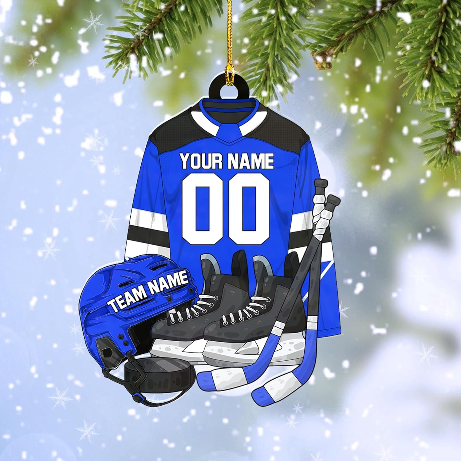 AOVL Personalized Hockey Christmas Ornament, Hockey Skates Helmet and Stick, Hockey Player Ornament, Hockey Ornament, Hockey Flat Ornament, Gift for Hockey Lovers Christmas Tree Decor (Hockey 13)