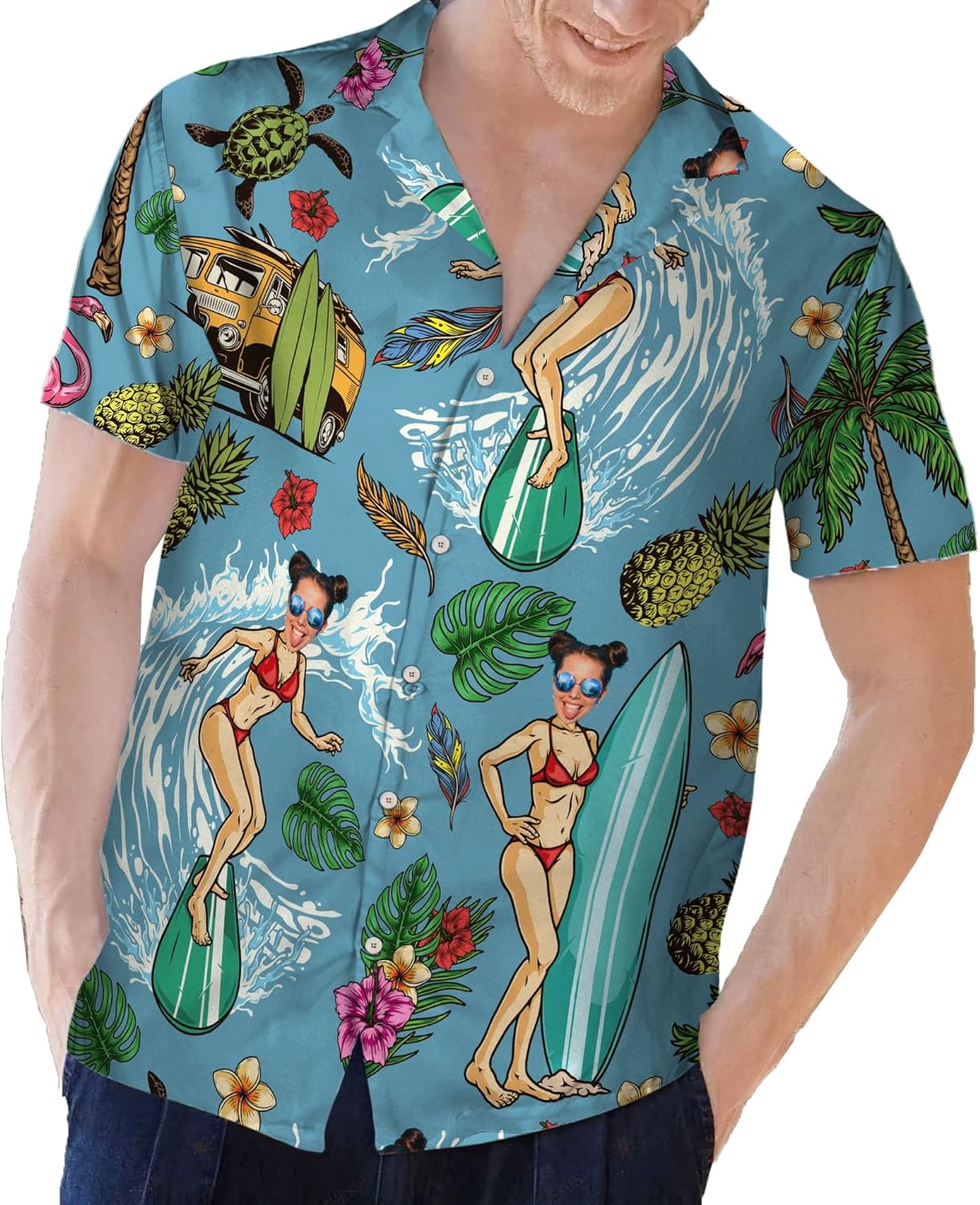 Customized Tropical Floral Hawaiian Shirt with Face for Men and Women, Wife's Husband\u2019s Photo Aloha Beach Fruit Flower Shirts