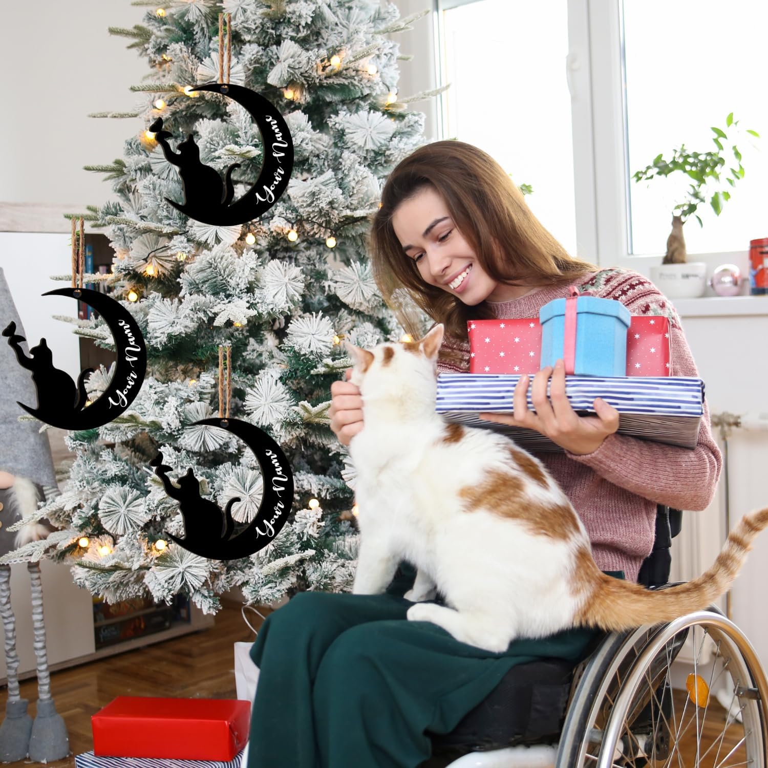 MAPrints Personalized Cat Ornaments for Christmas Tree, Custom Cat Christmas Wood Ornament 2024, Gifts for Christmas Cat Lovers Cat Memorial Ornament, Cat Hanging Ornament Cat On The Moon (CAT 8)