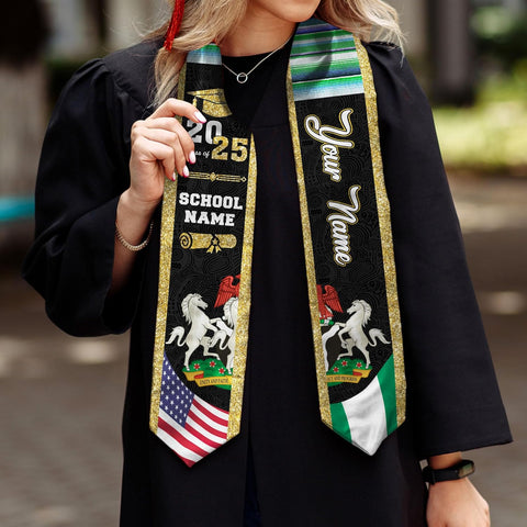 Pretyprints Custom Nigerian Graduation Sash, Nigeria Graduation Stole Customize, Nigerian American Flag Graduation Sash 2025