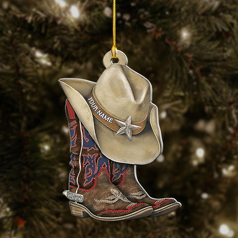 Royalbro Personalized Cowboy Christmas Ornaments, Cowboy Boots and Hat Ornament for Cowboy, Saddle Ornament, Cowboy Cowgirl Horseback Riding Ornament Tree Hanging Ornament (CB 9)