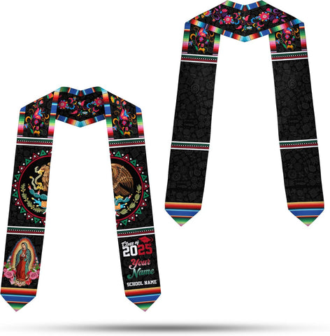 Custom Mexican flag and floral Graduation Stole class of 2025, Mexico Grad Sash