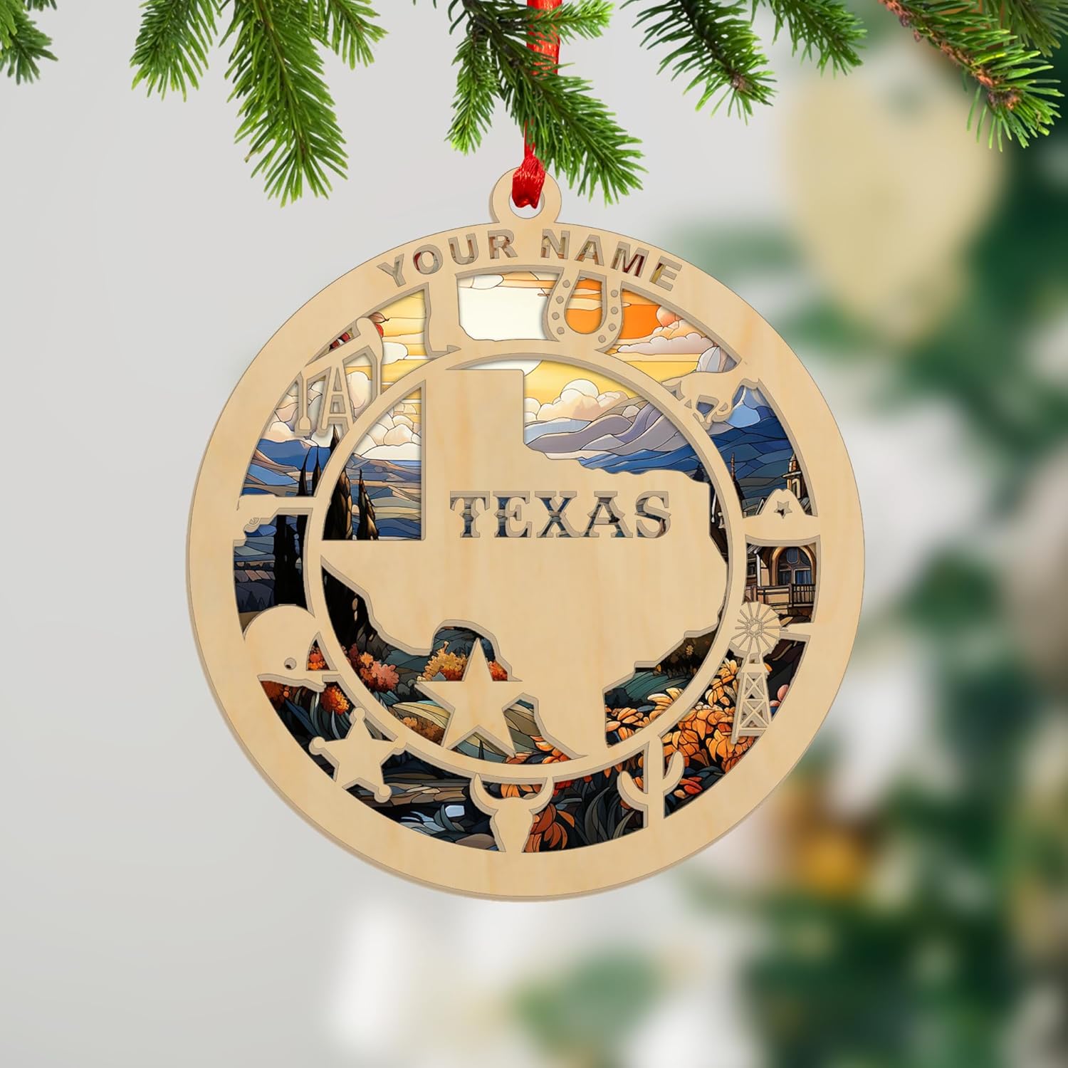 MAPrints Personalized Texas Suncatcher Wood Ornaments, Texas Christmas Keepsake Holiday, America State Ornament, Texas State Christmas Ornament, Texas Map Ornament, Christmas Tree Decorations (TX 7)