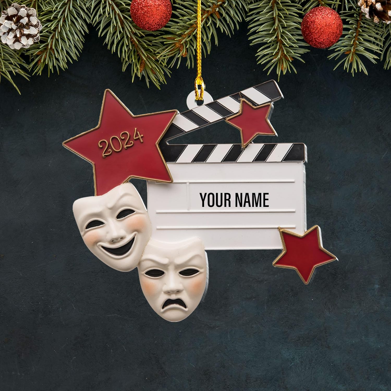 Personalized Theatre Christmas Ornament Artist Ornaments for Christmas Tree Theater Ornament Drama Star Christmas Tree Ornament White Film Director Board Comedy Tragedy Mask (TT1)