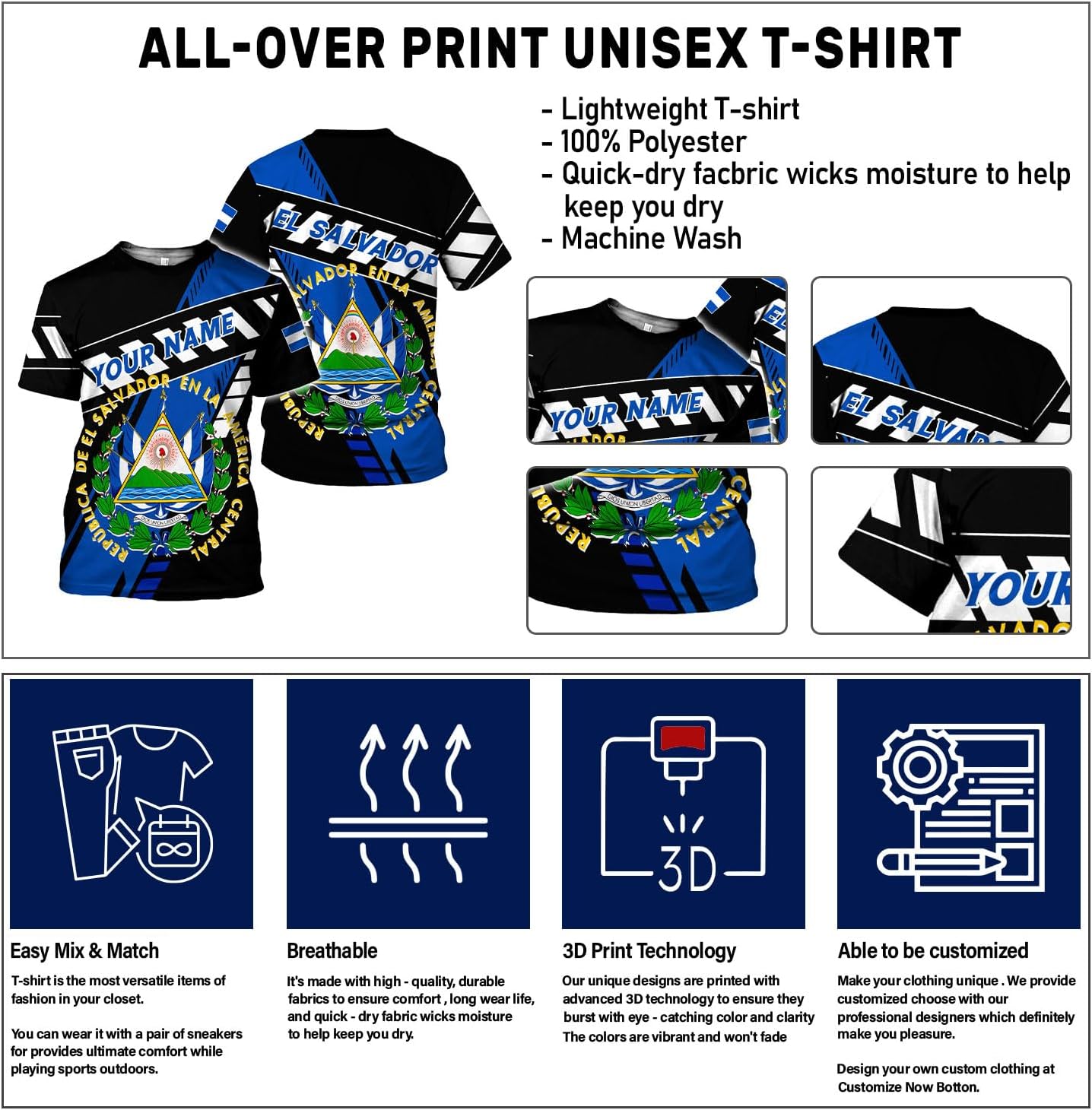 Ligthuy Personalized Name El Salvador Shirt 3D, El Salvador Flag Shirt for Men Women, Unisex T-Shirts S-5XL