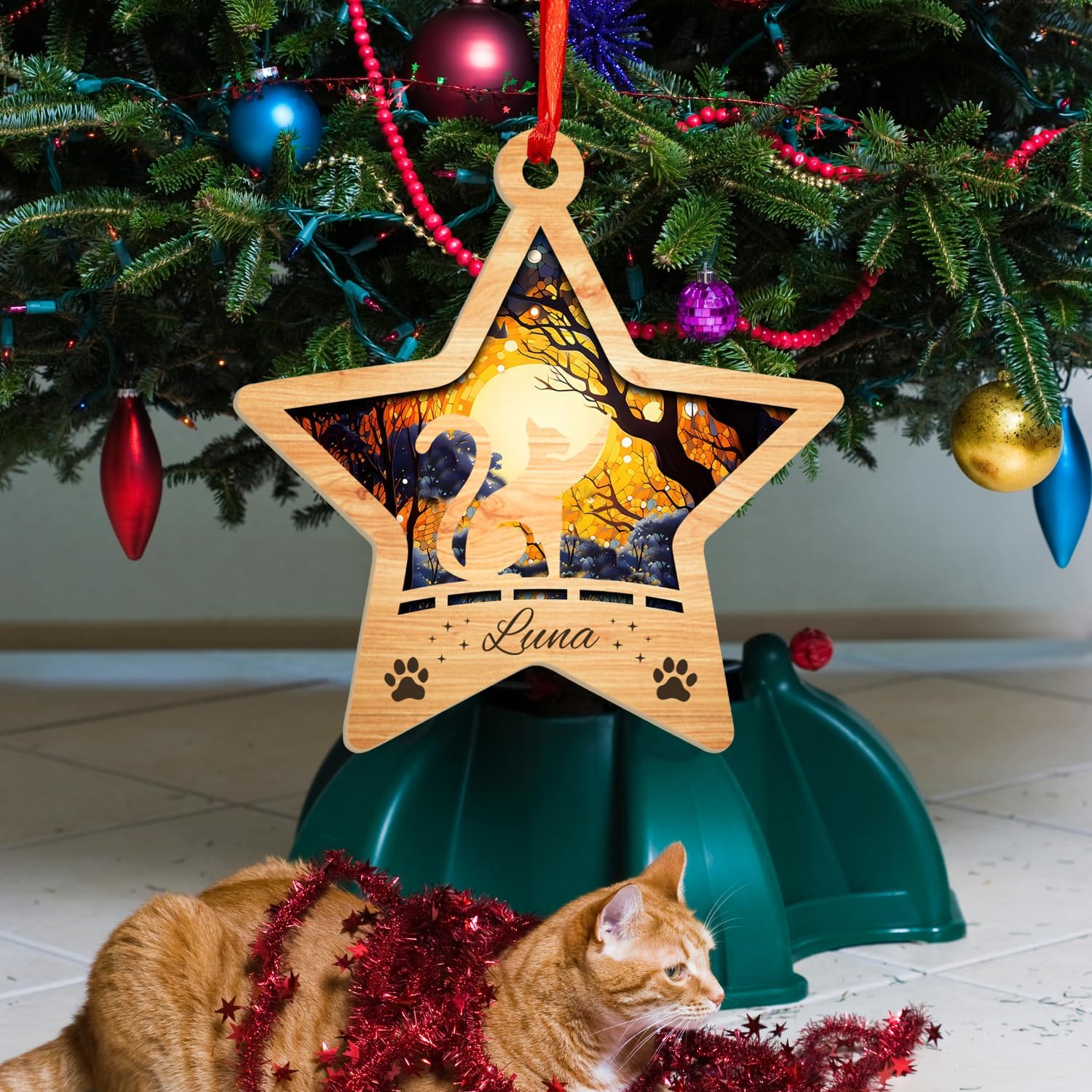 MAPrints Personalized Cat Christmas Ornaments, Cat First Christmas Suncatcher Wood Ornaments, Gifts for Cat Lovers, Cat Memorial Ornament, Forever Loved Cat Keepsake, Cat Loss Gifts (CAT 18)