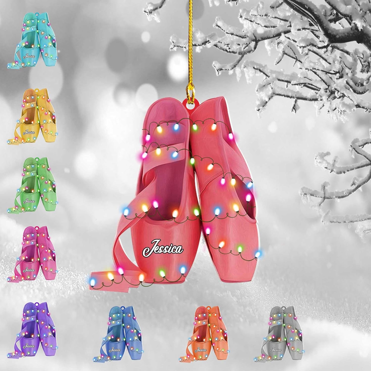 Ballet Dancer Ornament, Personalized Ballet Dancer Pointe Shoes with Christmas Light Shape Flat Ornament, Gifts for Ballet Lovers, Her, Friend, Ballet Christmas Ornament (Multi 7)