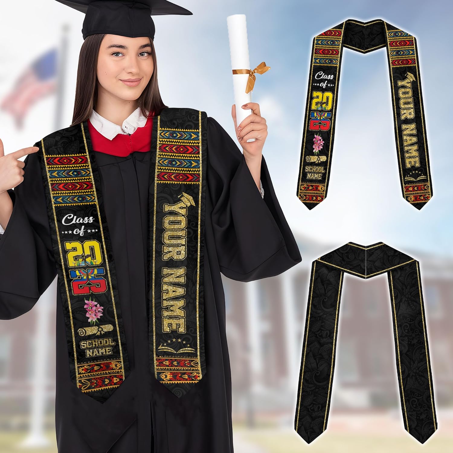 Pretyprints Ecuador Graduation Stole, Ecuadorians American Flag Graduation Sash 2025, Ecuadorians Graduation Sash