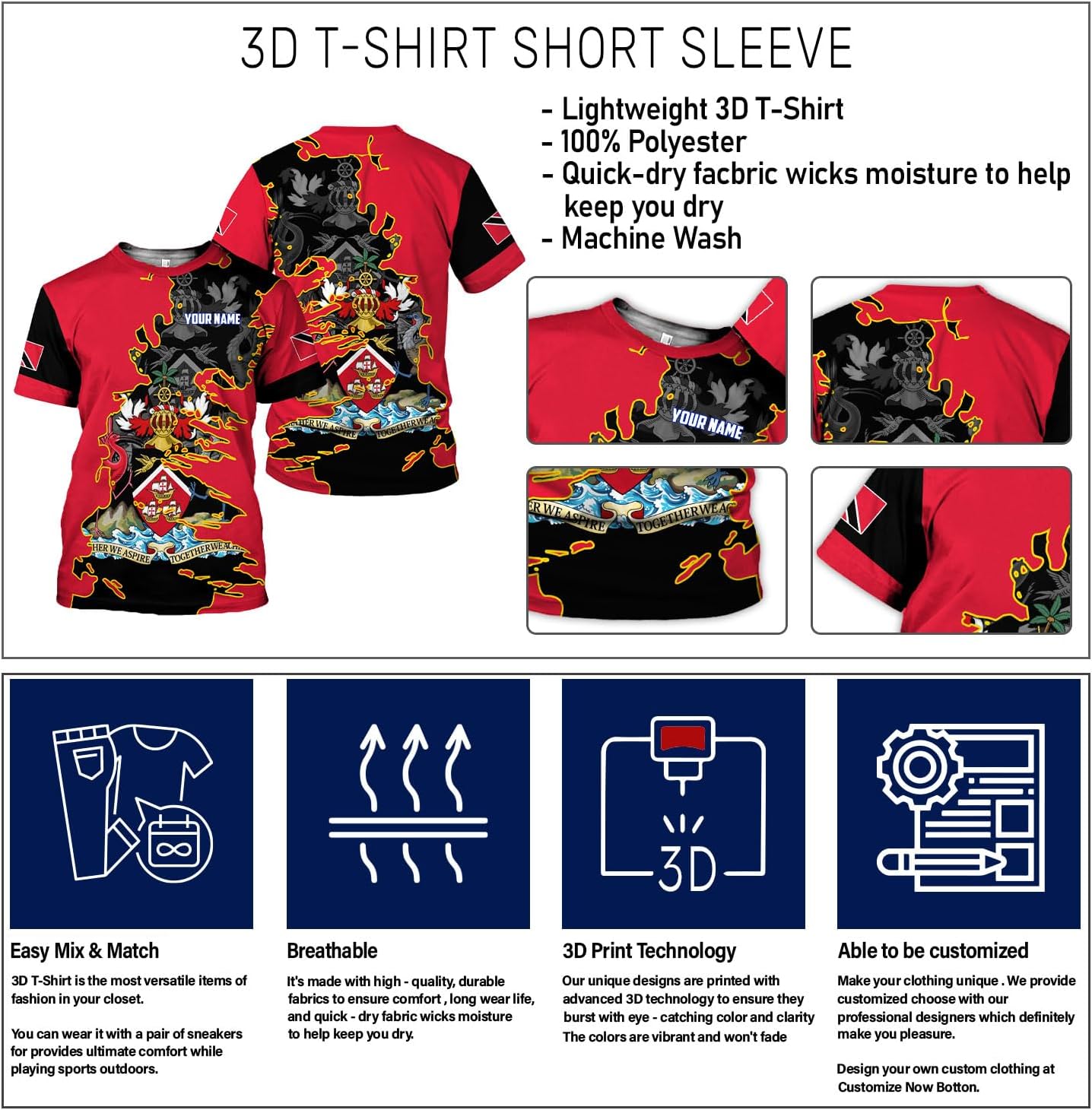 Rivelus Personalized Trinidad and Tobago Clothing 3D, Trinidad and Tobago Shirt, Trinidad Pride Gift T-Shirt S-5XL