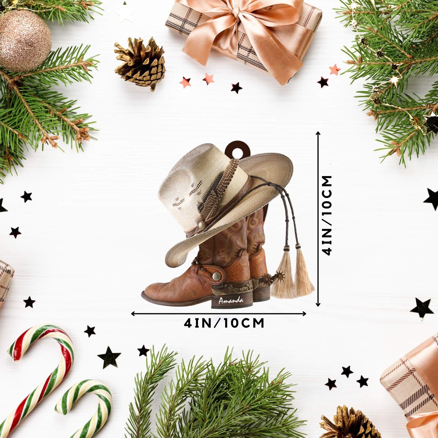 Podagree Personalized Cowboy Boots and Hat Christmas Ornament for Cowboy, Cowboy Cowgirl Horseback Riding Ornament, Horse Racing Ornament (CB9)