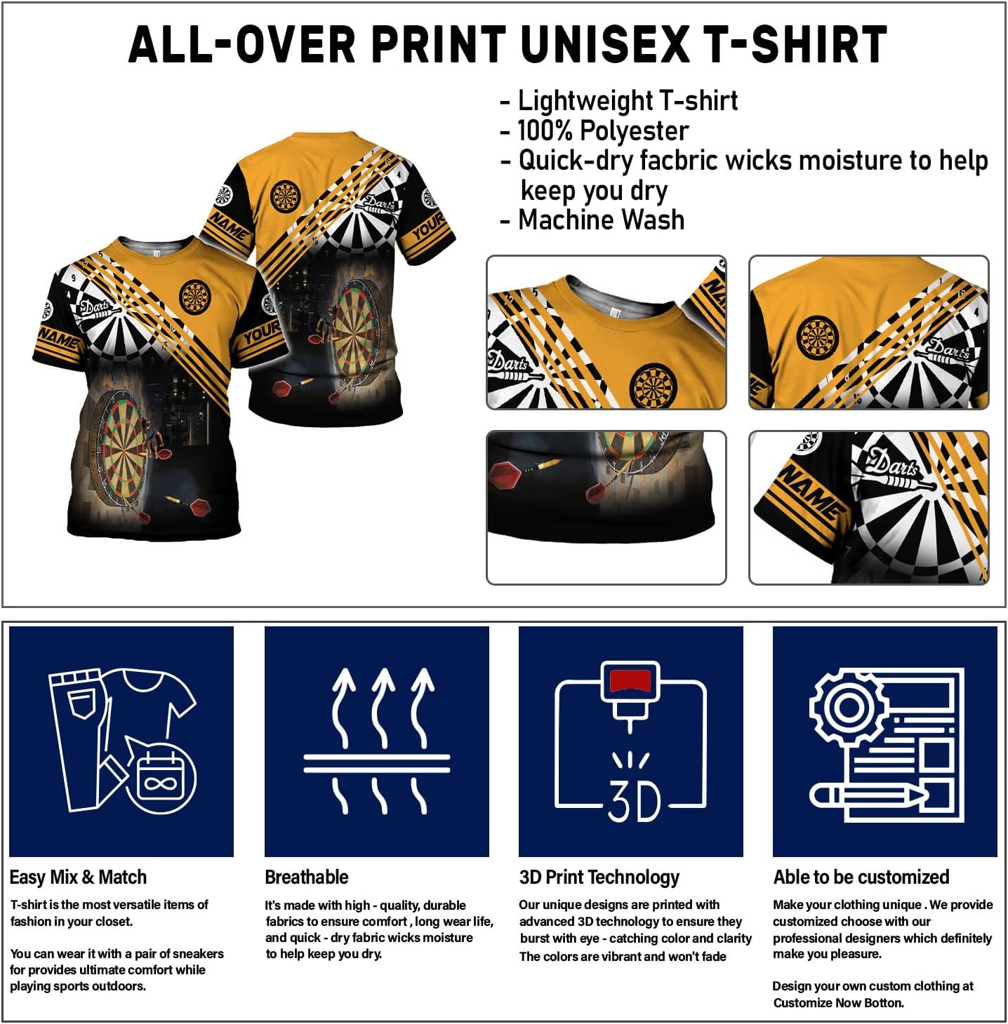 Personalized Name Dart Shirts 3D, Custom Mens Dart Shirts, Dart Shirts for Teams, Funny Dart T-Shirts for Men and Women