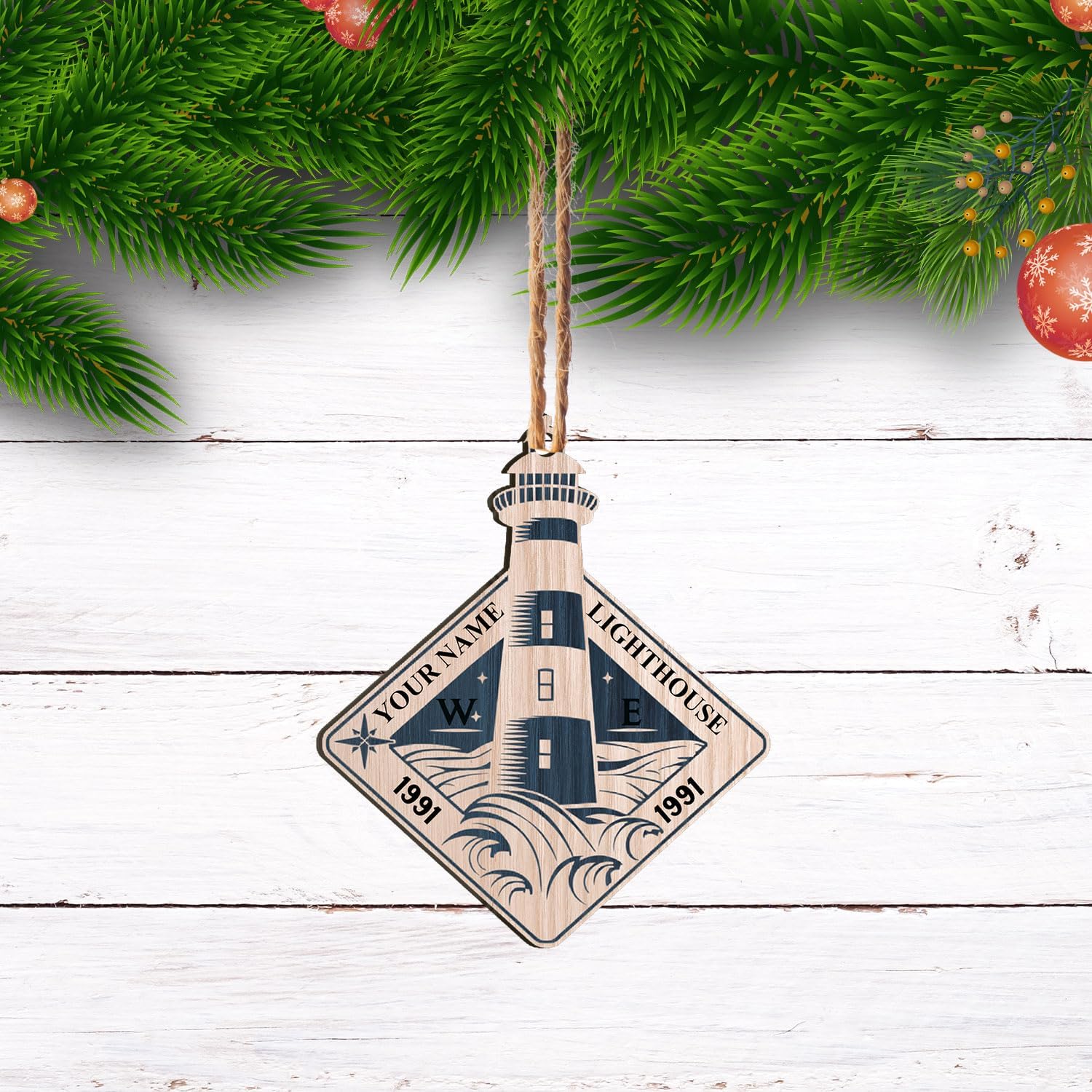 MAPrints Personalized Lighthouse Ornaments for Christmas Tree, Lighthouse Wood Acrylic 2D Flat Ornament, Coastal Lighthouse Ornament, Ocean Themed Hanging Ornaments, Gift for Lighthouse Lovers (LH 7)